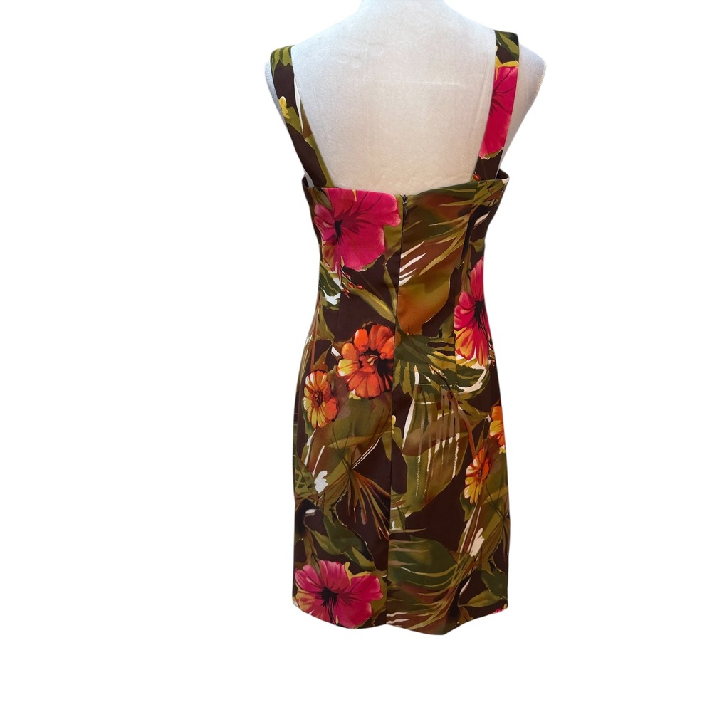 Connected Apparel Women Brown Pink Tropical Hibiscus Floral Sheath Dress 10 - Picture 3 of 7